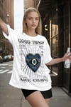 Kadın Ekru Beyaz Nazar Baskılı Oversize Fit Bol Geniş Kalıp Salaş Kesim T-shirt