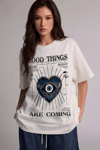 Kadın Ekru Beyaz Nazar Baskılı Oversize Fit Bol Geniş Kalıp Salaş Kesim T-shirt