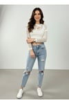Kadın Ekru File Göz Pencere Detaylı Crop Dokuma Uzun Kollu Bluz Body