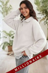 Kadın Ekru Kırık Beyaz Yarım Fermuar Polo Yaka 3 İplik İçi Polarlı Şardonlu Oversize Sweatshirt