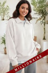 Kadın Ekru Kırık Beyaz Yarım Fermuar Polo Yaka 3 İplik İçi Polarlı Şardonlu Oversize Sweatshirt