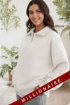 Kadın Ekru Kırık Beyaz Yarım Fermuar Polo Yaka 3 İplik İçi Polarlı Şardonlu Oversize Sweatshirt