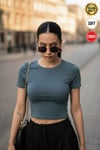Kadın Füme Bisiklet Yaka Likralı Kısa Kol Body Crop T-Shirt