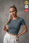 Kadın Füme Bisiklet Yaka Likralı Kısa Kol Body Crop Bluz