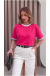 Kadın Fuşya Beyaz Biye Garnili Orta Kalın Soft Kumaş Bisiklet Yaka Yarım Oversize Salaş T-shirt