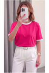 Kadın Fuşya Beyaz Biye Garnili Orta Kalın Soft Kumaş Bisiklet Yaka Yarım Oversize Salaş T-shirt