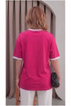 Kadın Fuşya Beyaz Biye Garnili Orta Kalın Soft Kumaş Bisiklet Yaka Yarım Oversize Salaş T-shirt
