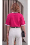 Kadın Fuşya Beyaz Biye Garnili Orta Kalın Soft Kumaş Bisiklet Yaka Yarım Oversize Salaş T-shirt