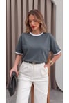 Kadın Gri Beyaz Biye Garnili Orta Kalın Kumaş Bisiklet Yaka Yarım Oversize Salaş T-shirt