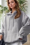 Kadın Gri Düz Kapüşonlu Oversize 3 iplik Şardonlu Salaş Bol Kesim Hoodie Sweatshirt