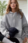 Kadın Gri Düz Kapüşonlu Oversize 3 iplik Şardonlu Salaş Bol Kesim Hoodie Sweatshirt