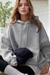 Kadın Gri Düz Kapüşonlu Oversize 3 iplik Şardonlu Salaş Bol Kesim Hoodie Sweatshirt