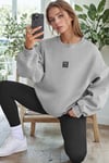 Kadın Gri Free Life Baskılı 0 Sıfır Yaka Oversize Salaş Bol Kesim Polar Sweatshirt