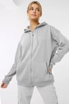 Kadin Gri Melanj Kapüşonlu Fermuarlı 3 Üç İplik Polar Kanguru Oversize Sweatshirt Zip Up Hoodie