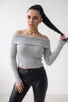 Kadın Gri Melanj Madonna Yarı Crop Fitilli Bluz Kazak