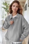 Kadın Gri Yarım Fermuar Polo Yaka Oversize Salaş Bol Kesim Polar Sweatshirt
