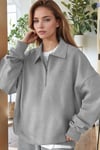Kadın Gri Yarım Fermuar Polo Yaka Oversize Salaş Bol Kesim Polar Sweatshirt