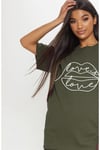 Kadın Haki Dudak Love Is Salaş Boyfriend Oversize Bisiklet Yaka Pamuk T-Shirt - K2188