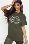Kadın Haki Dudak Love Is Salaş Boyfriend Oversize Bisiklet Yaka Pamuk T-Shirt - K2188