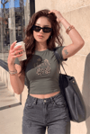 Kadın Haki Kiraz Leopar Desenli Bisiklet Yaka Likralı Kısa Kol Body Crop Bluz