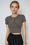 Kadın Haki Kiraz Leopar Desenli Bisiklet Yaka Likralı Kısa Kol Body Crop Bluz