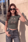 Kadın Haki Kiraz Leopar Desenli Bisiklet Yaka Likralı Kısa Kol Body Crop Bluz