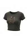 Kadın Haki Kiraz Leopar Desenli Bisiklet Yaka Likralı Kısa Kol Body Crop Bluz