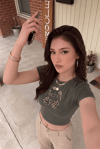 Kadın Haki Kiraz Leopar Desenli Bisiklet Yaka Likralı Kısa Kol Body Crop Bluz
