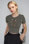 Kadın Haki Kiraz Leopar Desenli Bisiklet Yaka Likralı Kısa Kol Body Crop Bluz