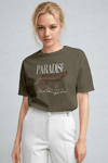 Kadın Haki Paradise Leopar Kadın Kısa Kol Relax Fit Rahat Kesim Regular T-shirt