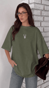 Kadın Haki Yeşil Geyik Oversize Salas Boyfriend T-shirt