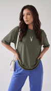 Kadın Haki Yeşil Geyik Oversize Salas Boyfriend T-shirt