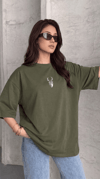 Kadın Haki Yeşil Geyik Oversize Salas Boyfriend T-shirt