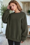 Kadın Haki Yeşili Basic 0 Sıfır Yaka Baskısız Düz Oversize Salaş Bol Kesim Polar Sweatshirt