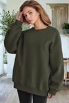 Kadın Haki Yeşili Basic 0 Sıfır Yaka Baskısız Düz Oversize Salaş Bol Kesim Polar Sweatshirt