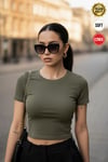 Kadın Haki Yeşili Bisiklet Yaka Likralı Kısa Kol Body Crop T-Shirt