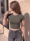 Kadın Haki Yeşili Bisiklet Yaka Likralı Kısa Kol Body Crop T-Shirt
