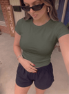 Kadın Haki Yeşili Bisiklet Yaka Likralı Kısa Kol Body Crop Bluz