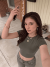 Kadın Haki Yeşili Bisiklet Yaka Likralı Kısa Kol Body Crop T-Shirt