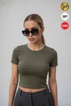 Kadın Haki Yeşili Bisiklet Yaka Likralı Kısa Kol Body Crop Bluz