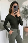 Kadın Haki Yeşili Düğme Detaylı Patlı Düğmeli Bisiklet Yaka Uzun Kollu Fitilli Kaşkorse Bluz Body