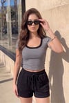 Kadın İnce Çizgili Siyah-Beyaz U Yaka Kısa Kollu Fitilli Kaşkorse Body T-Shirt
