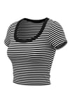 Kadın İnce Çizgili Siyah-Beyaz U Yaka Kısa Kollu Fitilli Kaşkorse Body T-Shirt