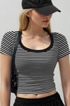 Kadın İnce Çizgili Siyah-Beyaz U Yaka Kısa Kollu Fitilli Kaşkorse Body T-Shirt