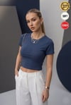 Kadın İndigo Renkli Bisiklet Yaka Likralı Kısa Kol Body Crop Bluz