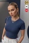 Kadın İndigo Renkli Bisiklet Yaka Likralı Kısa Kol Body Crop Bluz
