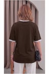 Kadın Kahverengi Beyaz Biye Garnili Orta Kalın Soft Kumaş Bisiklet Yaka Yarım Oversize Salaş T-shirt