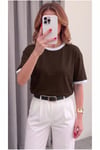 Kadın Kahverengi Beyaz Biye Garnili Orta Kalın Soft Kumaş Bisiklet Yaka Yarım Oversize Salaş T-shirt
