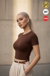 Kadın Kahverengi Bisiklet Yaka Likralı Kısa Kol Body Crop Bluz