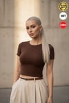 Kadın Kahverengi Bisiklet Yaka Likralı Kısa Kol Body Crop Bluz